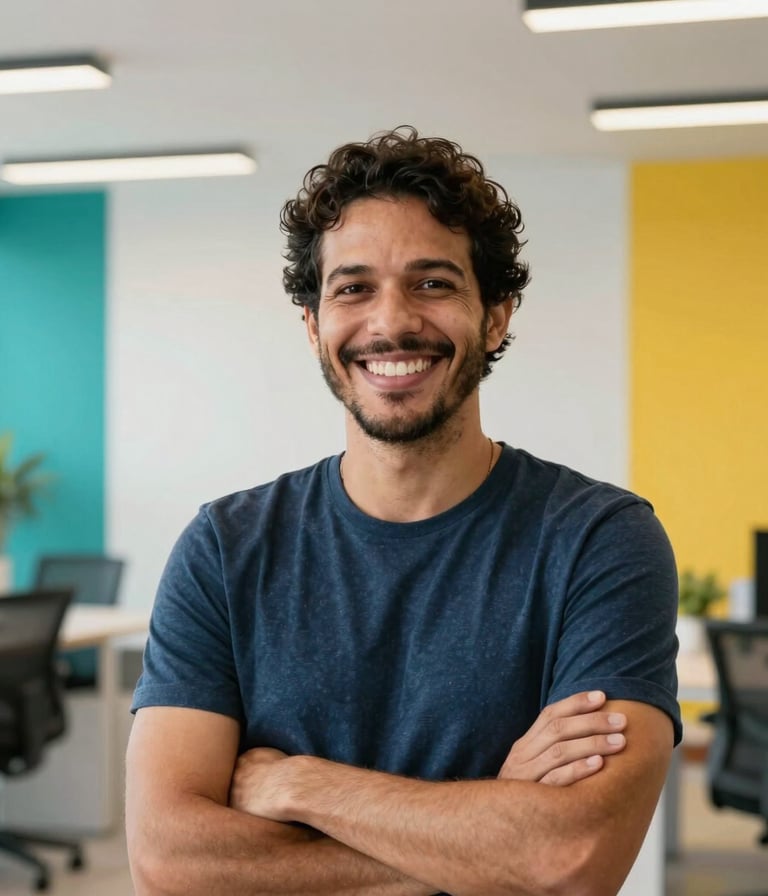 Professional headshot of a Brazilian climate mentor smiling confidently in an open, bright modern workspace with minimalist decor. Soft overhead lighting, modern South American office aesthetic with subtle teal and vibrant yellow brand details, clean high-contrast photography.