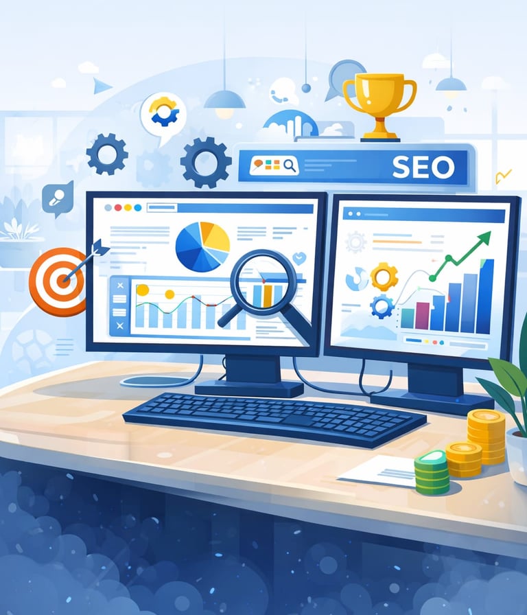 Digital marketing SEO analytics dashboard showing performance charts and data on dual monitors.