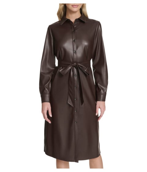 Calvin Klein PU Leather Shirtdress coffee bean