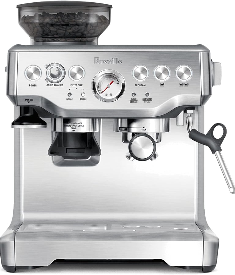 A stainless steel Breville Barista Express espresso machine with a built-in grinder.
