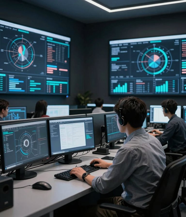 A high-tech control room environment in dark slate tones with subtle cyan glass accents, where Global / Tech Professional data analysts monitor digital visitor telemetry and AI workload analytics on large crisp displays.