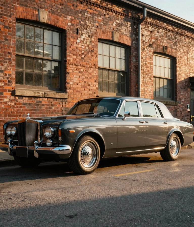 A dark charcoal vintage luxury cruiser car parked outside a restored industrial brick factory during golden hour, long shadows casting over the pavement, showcasing Detroit horsepower heritage, North American / Detroit US.
