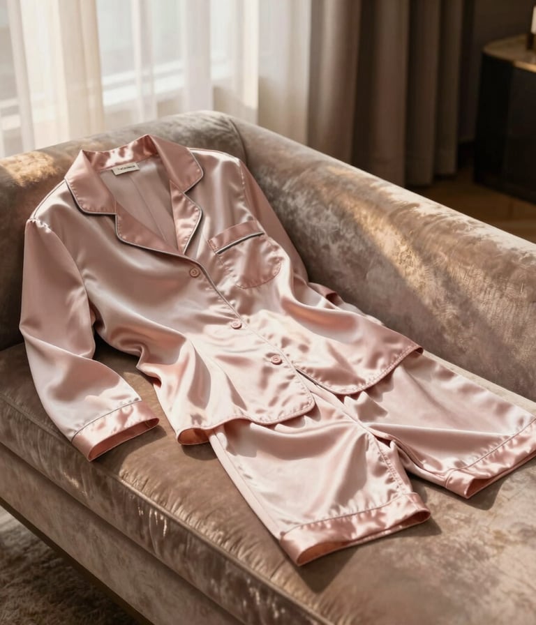 A professional editorial fashion photograph of premium satin loungewear in a soft pastel pink color. The garment is gently arranged on a velvet chaise lounge in a sophisticated, dimly-lit room. Golden hour sunlight filters through sheer curtains, evoking high-end comfort and intimacy. Global / Western style.