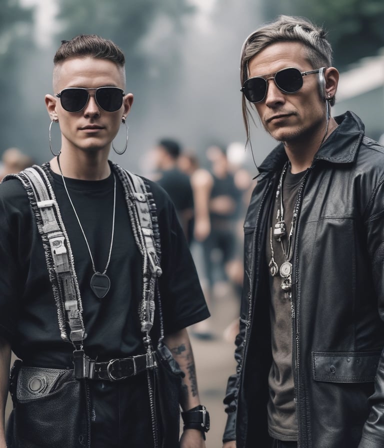 2 hombres vestidos con outfit techno underground rave industrial