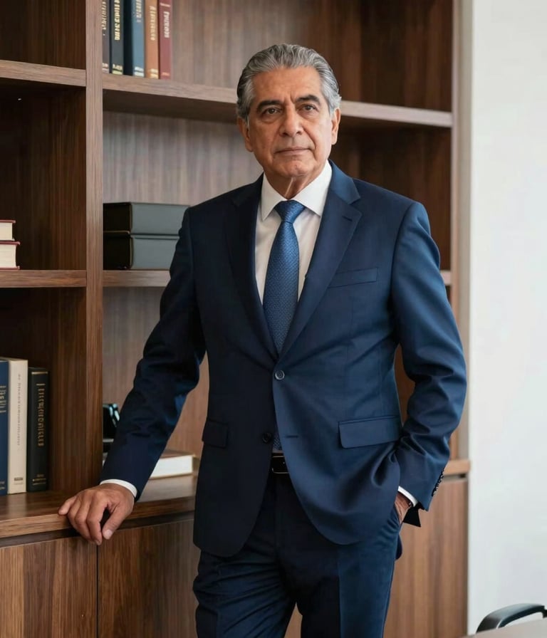 A senior Mexican / Latin American legal consultant in a tailored navy suit standing beside a modern wood-paneled bookcase in an executive office in Monterrey, dignified posture, natural lighting, dark blue color palette.