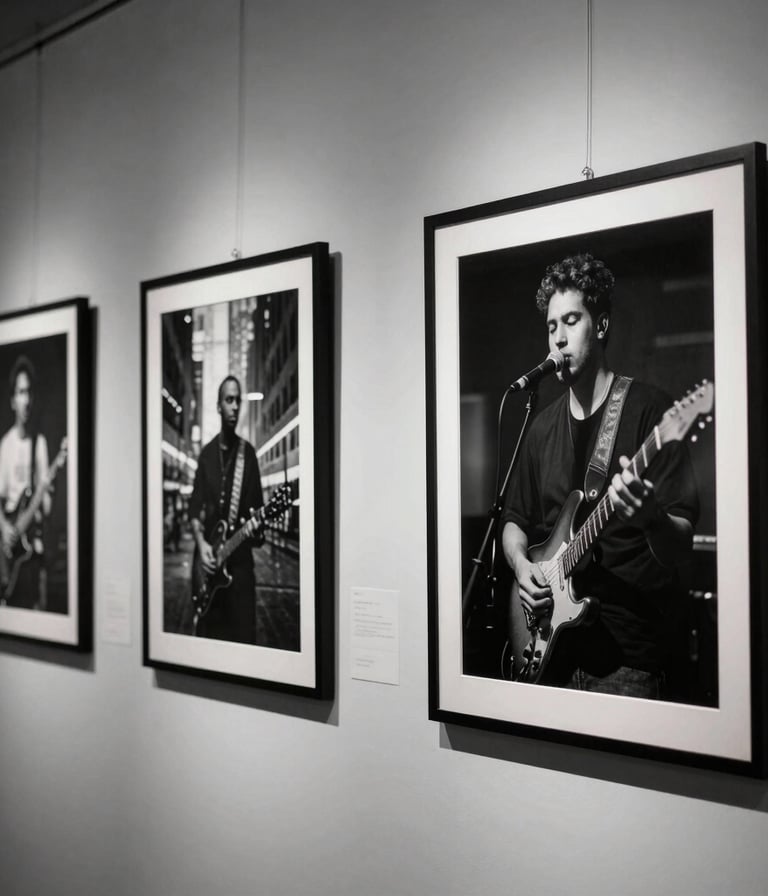 A striking black and white photography exhibition hosted in a Global / Cosmopolitan Urban art space. Moody spotlights glow on high-contrast framed prints of urban musicians, highlighted by a subtle warm copper accent glow.