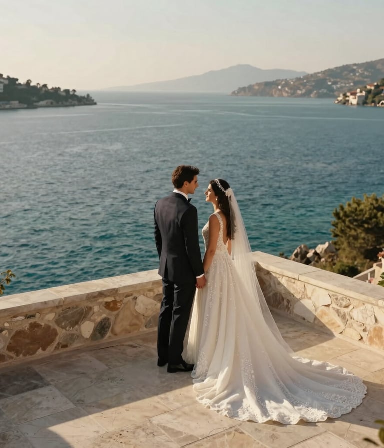 A high-resolution, modern editorial photograph of a wedding couple in elegant attire standing on a sun-drenched stone terrace overlooking the Bodrum coast. The light is golden hour warm, the sea is turquoise, and the composition is clean and minimalist. Middle Eastern / Turkish setting.
