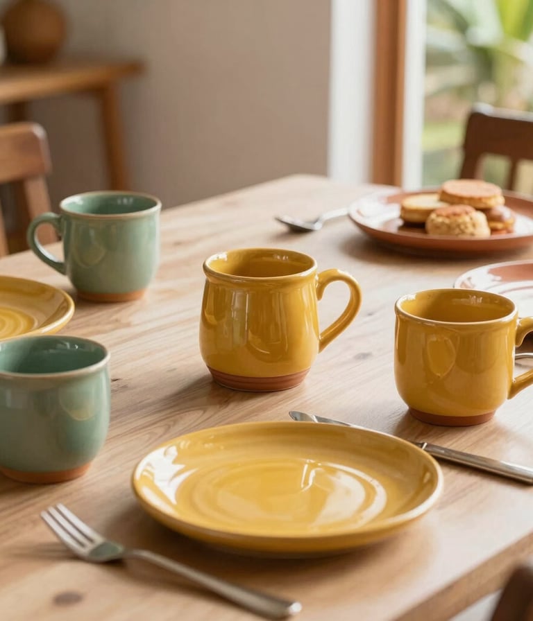 A serene South American / Brazilian breakfast table scene with handcrafted ceramic mugs and plates in vibrant warm mustard yellow, sage green, and terracotta colors, surrounded by cozy home decor and natural daylight.