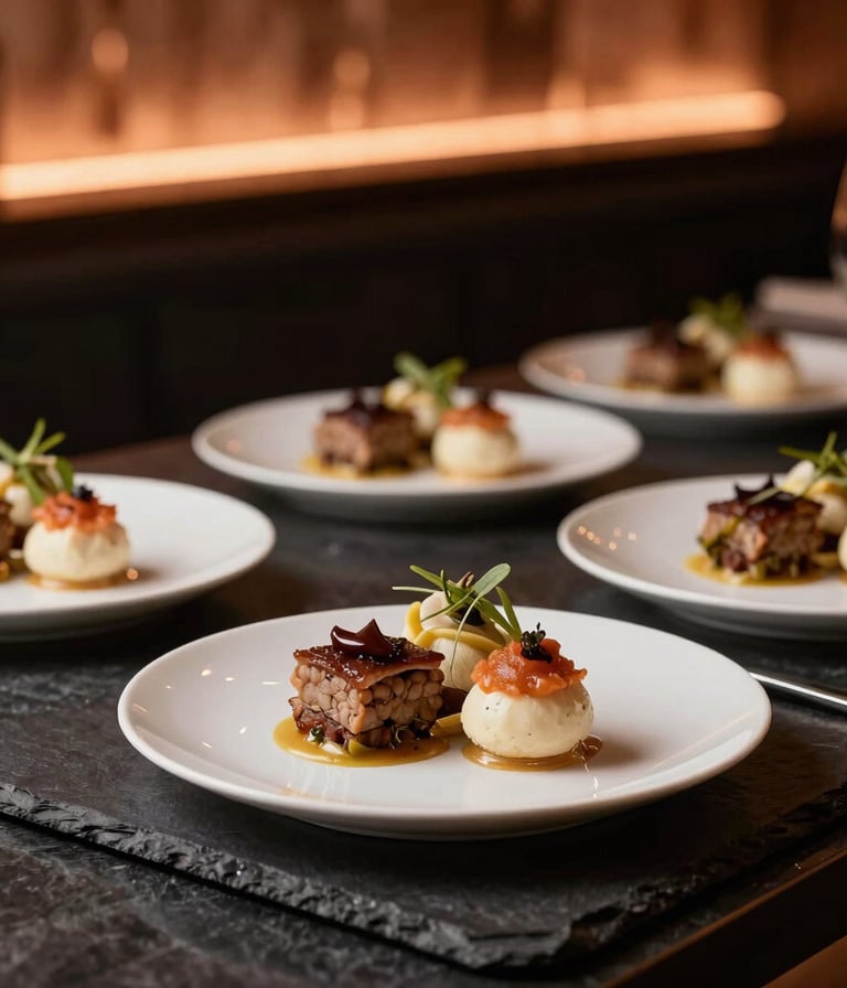 An intimate close-up photography shot of beautifully plated gourmet culinary dishes on a dark slate counter in a upscale North American / Canadian restaurant, bathed in warm copper overhead light.
