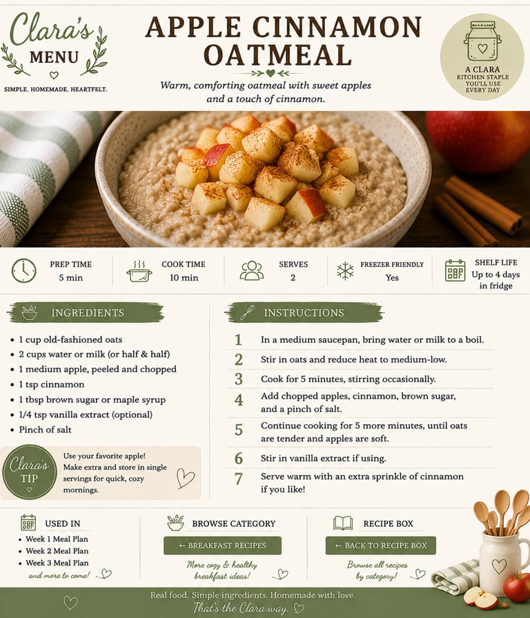 Recipe card for apple cinnamon oatmeal with cooked oats, diced red apples, and ground cinnamon.
