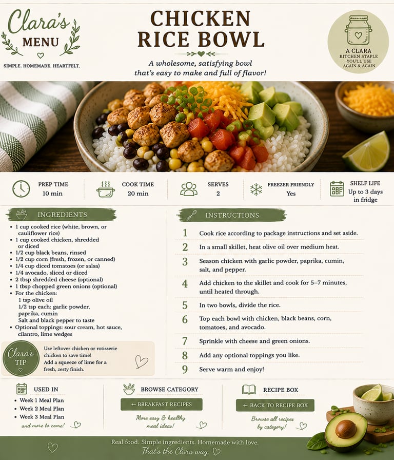 A detailed recipe card for a healthy chicken rice bowl featuring ingredients, cooking instructions, and nutrition tips.