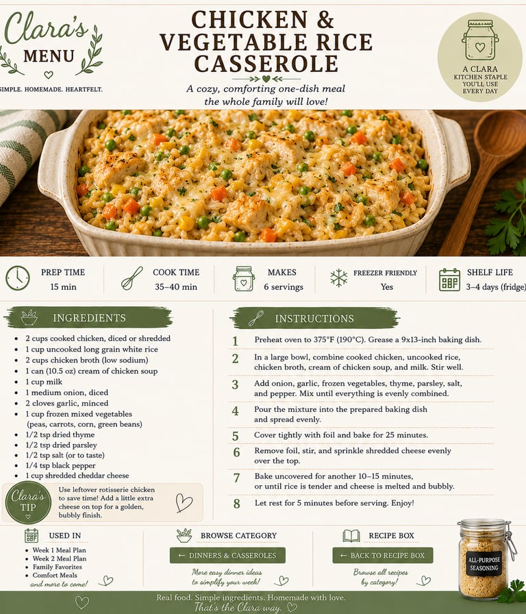 Chicken and vegetable rice casserole recipe card with ingredients and instructions for a homemade family dinner.