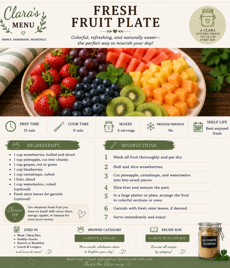 Fresh fruit plate recipe infographic with strawberries, blueberries, kiwi, and melon cubes.