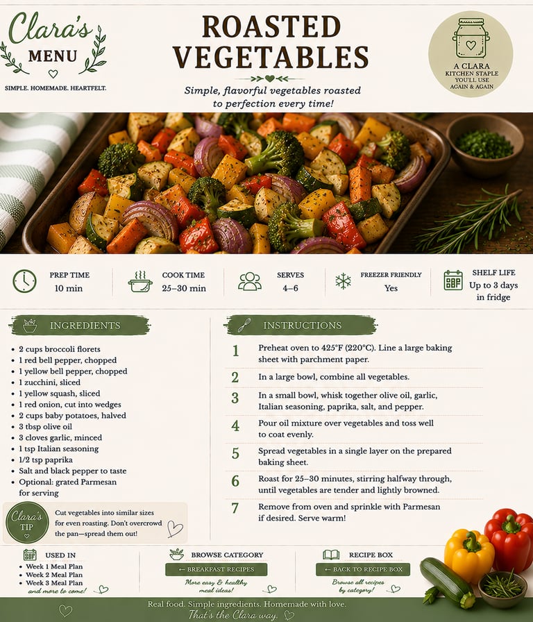 A recipe card for roasted vegetables featuring a tray of seasoned peppers, zucchini, and onions.