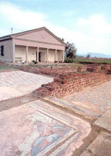A Roman mosaic at the Mediana Archaeological site near Nis, Serbia on a sunny day.