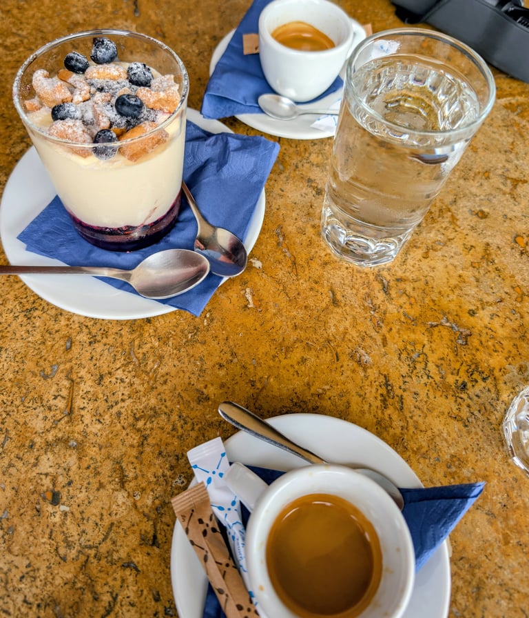 Cheesecake Parfait cup with blueberries and espresso from The Blue Fox in Mithymna, Greece