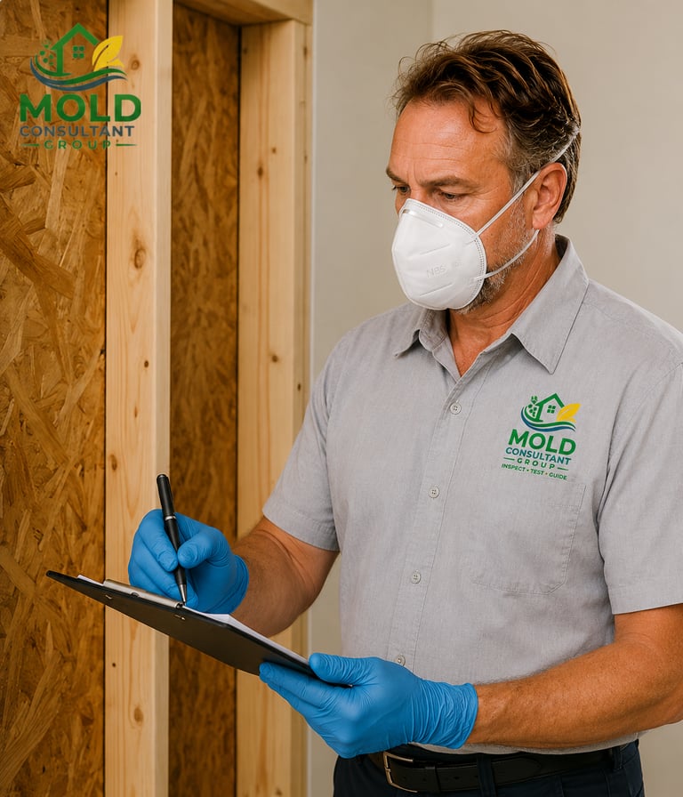 Professional mold inspector wearing an N95 mask and blue gloves taking notes during a home inspection.