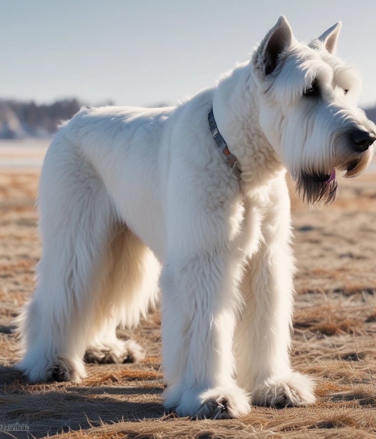 A stylish Polar White Giant Schnauzer in a black and white setting.