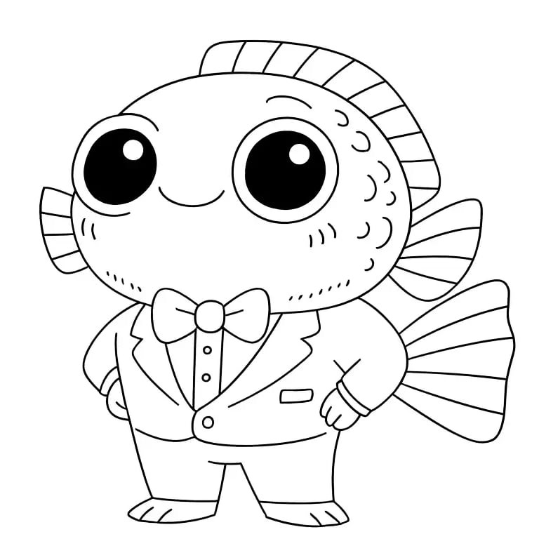 alt="Finbrööt Magnifico BRAINBRÖÖT coloring character – fish-headed creature in tuxedo and bow tie"