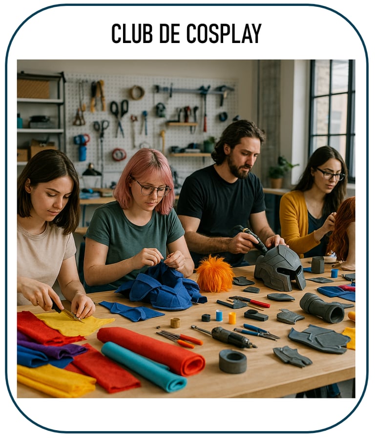 Photo illustrant un club de cosplay : des jeunes ou adultes autour de tables, créant des costumes et