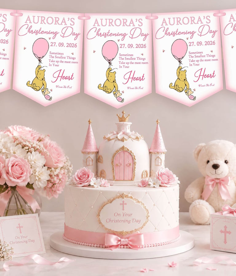 Personalised pink winnie the pooh christening bunting displayed above a christening cel
