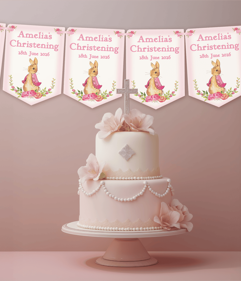 Personalised pink rabbit christening bunting displayed above an elegant pink baptism cake table