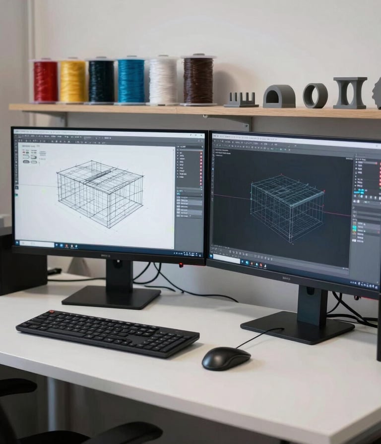 An industrial design studio in Southern Europe, featuring a clean white desk with high-end CAD software open on a dual-monitor setup displaying a 3D structural mesh of a product. In the background, a neat rack of multicolored premium filament spools and small gray polymer structural parts are displayed elegantly. Soft natural side lighting with crisp electric blue subtle reflections.