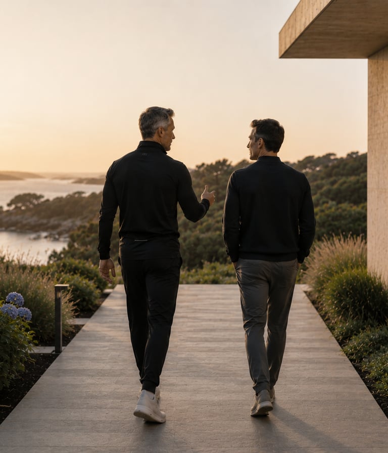 Coach performance et dirigeant marchant côte à côte au coucher du soleil devant une villa contemporaine avec vue sur le Golfe