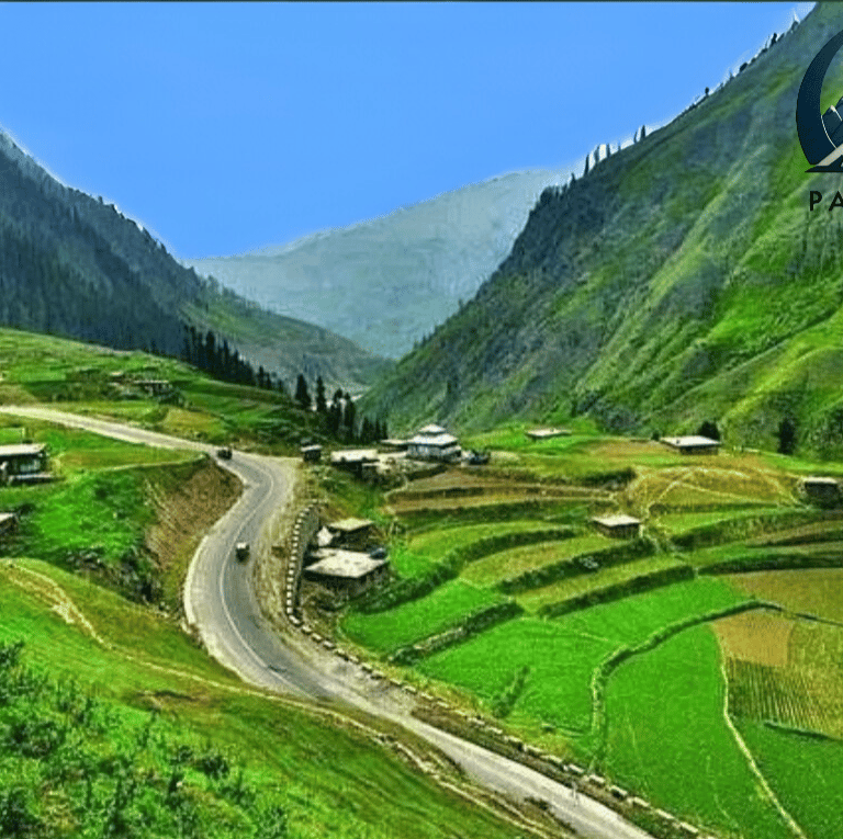 a mountain view of a road and Himalayan mountain range from kaghan valley