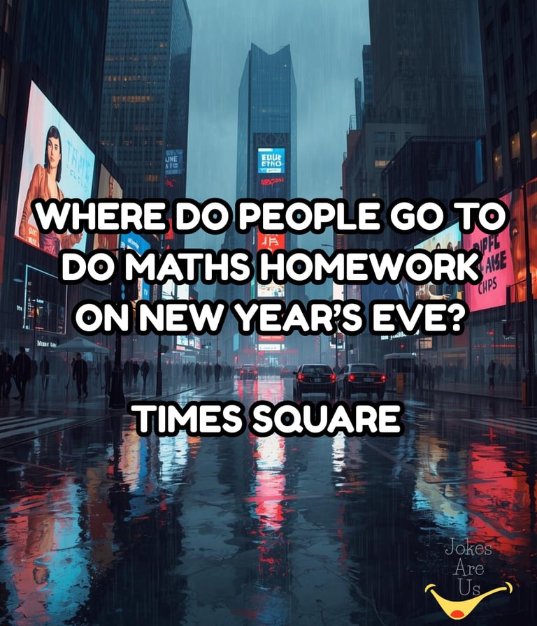 Times Square pic with a joke, "Where do people go to do math on New Year's eve? Times Square."