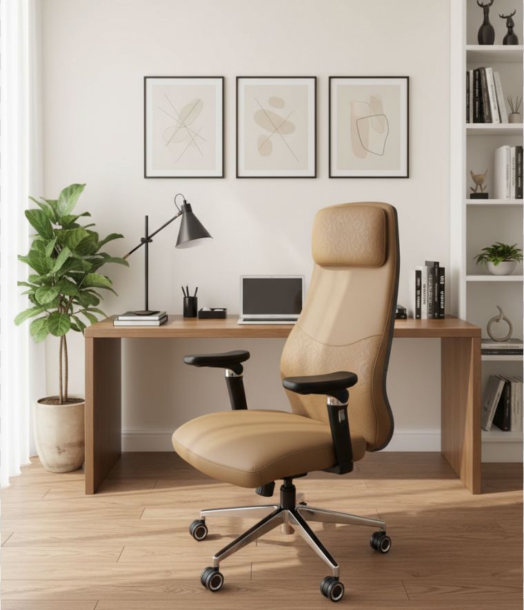 Tan leather ergonomic office chair in a modern home office with a wooden desk and laptop.