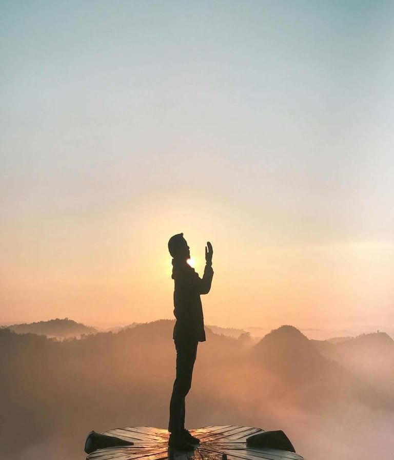 Person silhouetted against sunrise on a flower-shaped platform above misty hills.