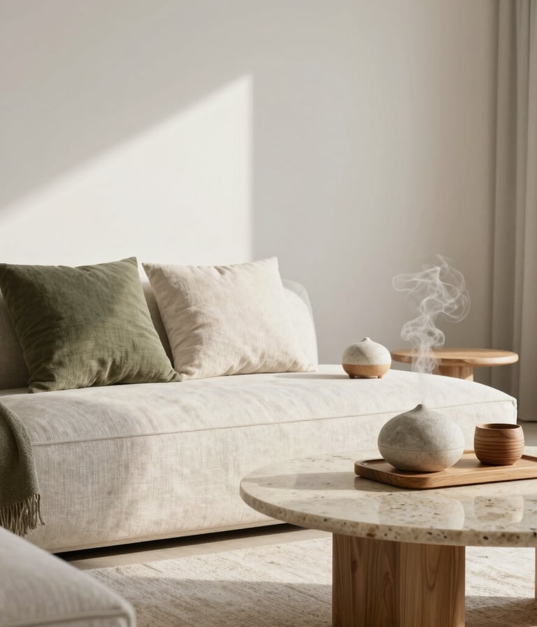 An editorial photo of a tranquil Japandi living room interior. Soft morning sunlight illuminates linen cushions, a minimal stone diffuser emitting fine mist, and an artisan wooden coffee set on a travertine table. International / Japandi Luxury style with generous white space and muted olive and ivory tones.