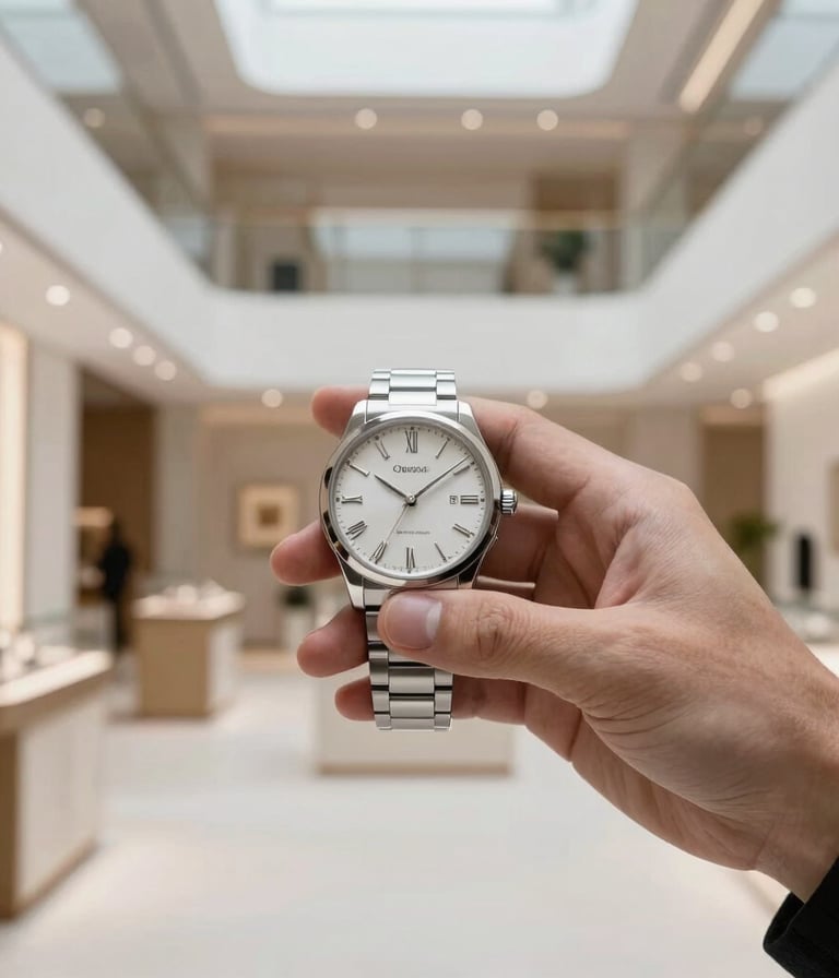 A minimalist, premium photograph focusing on a hand holding an ultra-luxury modern watch, set in a bright, high-end architectural showroom. The atmosphere is exclusive, clean, and sophisticated, reflecting a quiet luxury lifestyle for a Global / International High-Net-Worth individual.