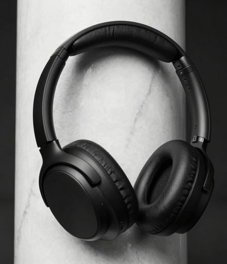 An editorial close-up photograph of a minimalist matte black wireless headphone draped over a white marble column. Crisp black and white studio lighting, stark high contrast, premium aesthetic.