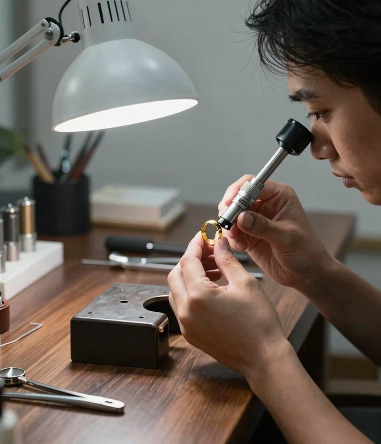 A professional jewelry designer in a modern Southeast Asian / Indonesian workshop examining a gold ring with a magnifying loupe under a bright task lamp. Premium-grade jeweler tools and micromotors are neatly organized on the dark wood desk in the background. Minimalist and elegant composition.