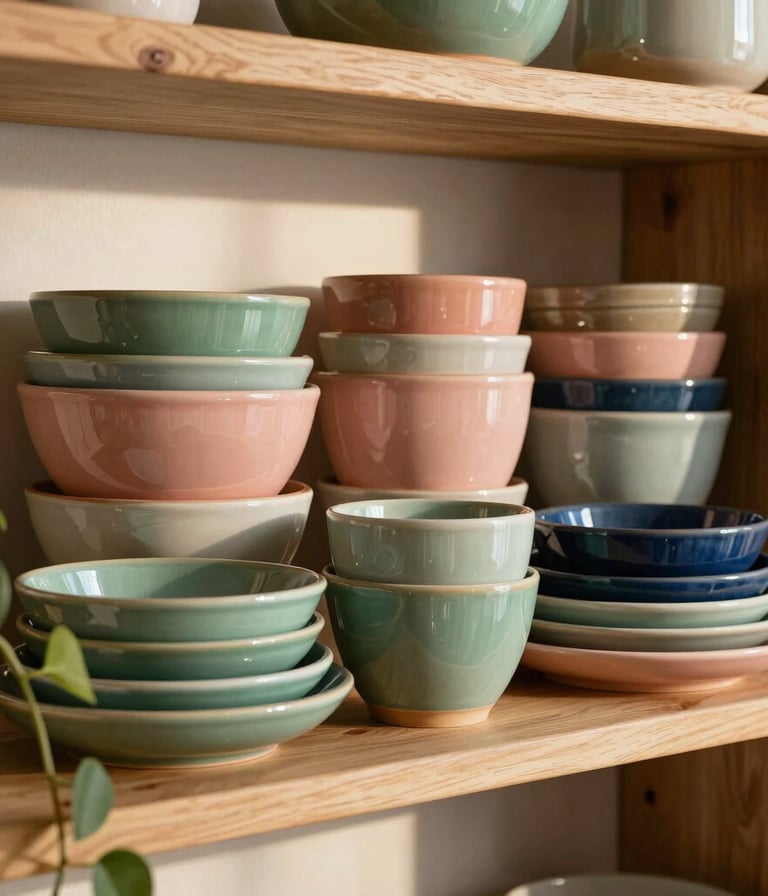 A cozy wooden shelf in a modern Orta Doğu / Türk kitchen, stacked with an assortment of colorful, hand-shaped stoneware dinnerware. Vibrant sage green, soft rose, and slate blue glazes catch the warm sunlight. A small green plant trails over the side. High-quality lifestyle photography, warm and earthy atmosphere.