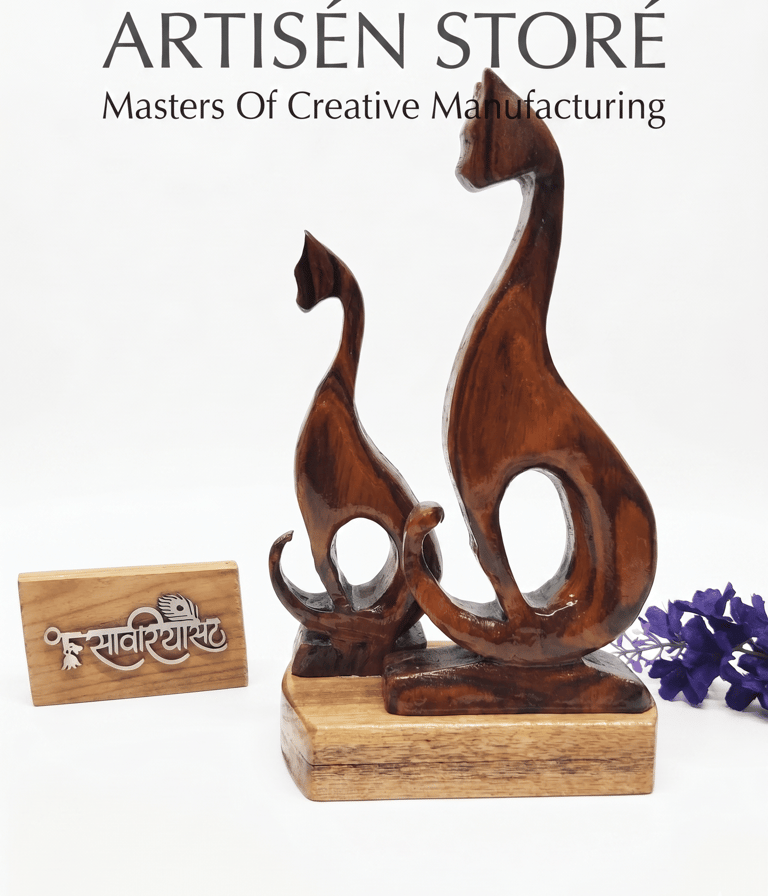 ARTISÉN STORÉ Handmade Wooden Cat Family Showpiece | Abstract Carved Wood Animal Figurine for Home D