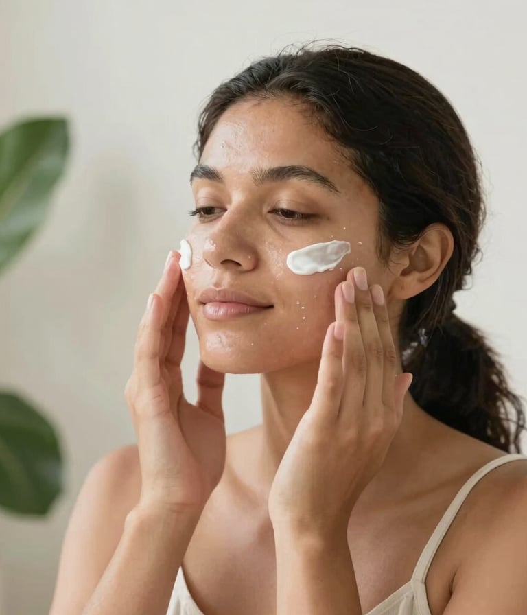 A serene, warm, natural light lifestyle photo of a South American / Brazilian person gently applying a soothing facial cream, showing a peaceful, relaxed expression. The setting is clean, minimal, with soft green plants in the background, communicating comfort, hydration, and dermato-logical care. Soft natural morning light, clean aesthetic.