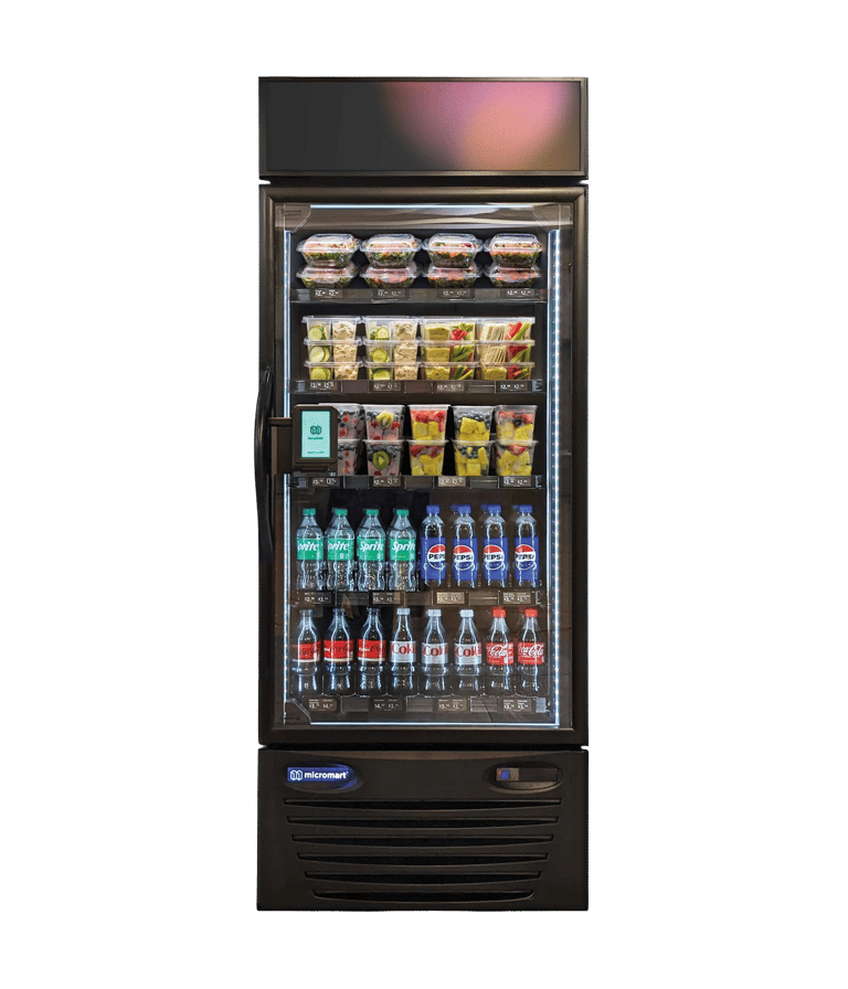 smart cooler machine stocked with beverages and fresh snacks
