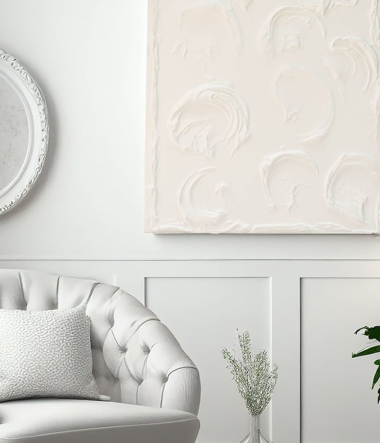 Textured sculptural wall art styled in luxury home staging project by interior designer.