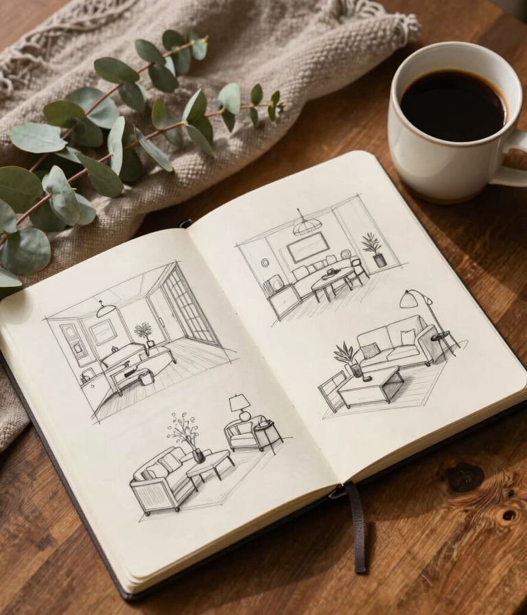 A beautiful top-down close-up shot of a stylized workspace table. There is an open journal with sketches of room layouts, a ceramic mug with coffee, a warm taupe linen cloth, and fresh eucalyptus branches. Warm morning light, sophisticated lifestyle photography, North American style.
