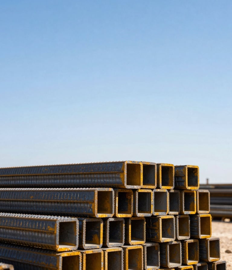 Macro photograph of heavy structural steel rebars stacked geometrically in bright desert daylight, architectural 35mm composition with golden highlights