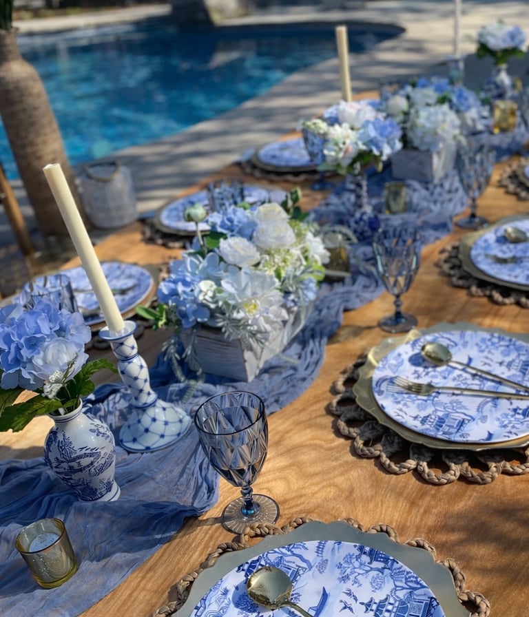 Luxury outdoor picnic tablescape Blue Willow china, soft linens, elegant place settings Buford GA
