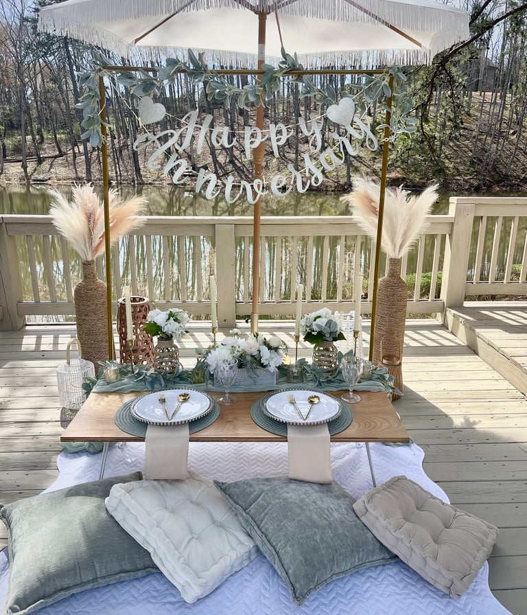 Outdoor curated anniversary celebration celebrating romance in Northeast Georgia luxury picnic setup