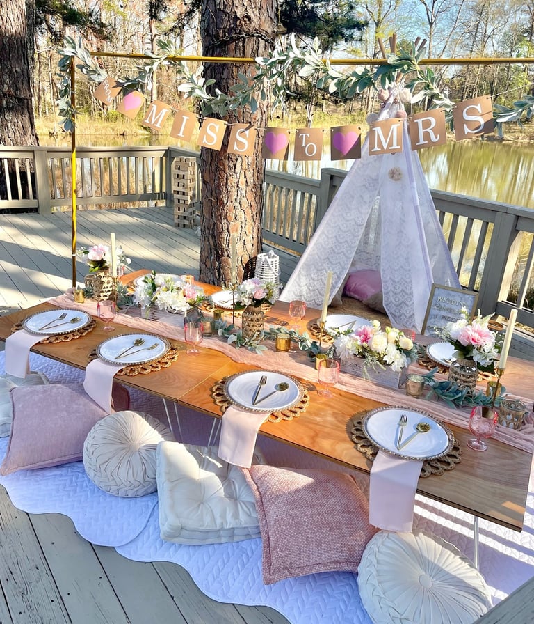 Bridal engagement party brunch Gathered Grace Picnic Co lakeside dock escape gathering experience GA