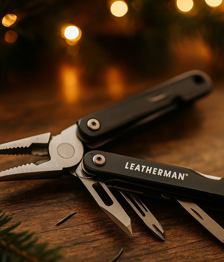 Leatherman multi-tool opened on wooden surface with pine needles and warm Christmas lights.