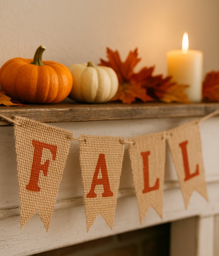 a rustic burlap banner with red-orange letters spelling ‘FALL,’ draped across a white mantel