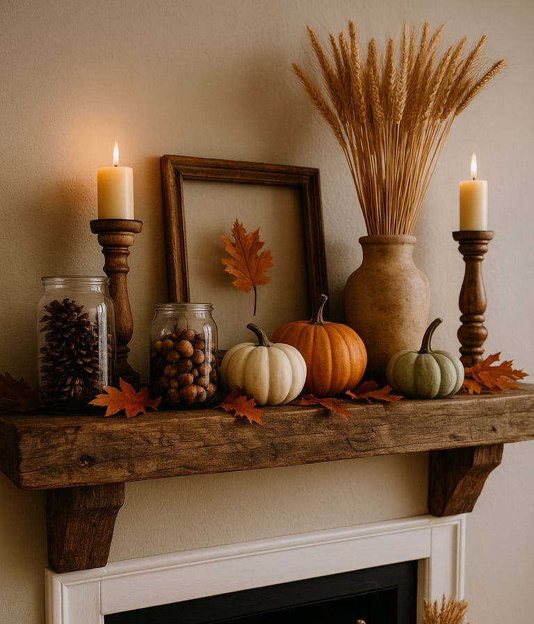 rustic wooden mantel decorated for fall with jars of pinecones and acorns, wheat stalks in a vase