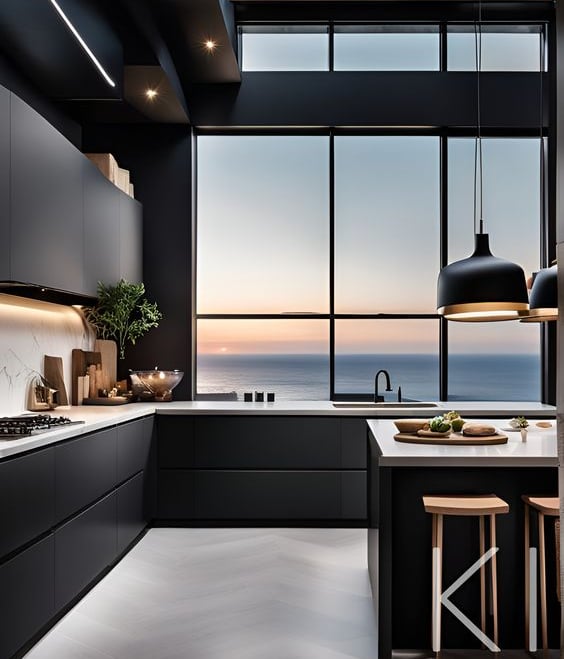 Moderne Küche mit schwarzen Möbeln, Meerblick und minimalistischem Design.